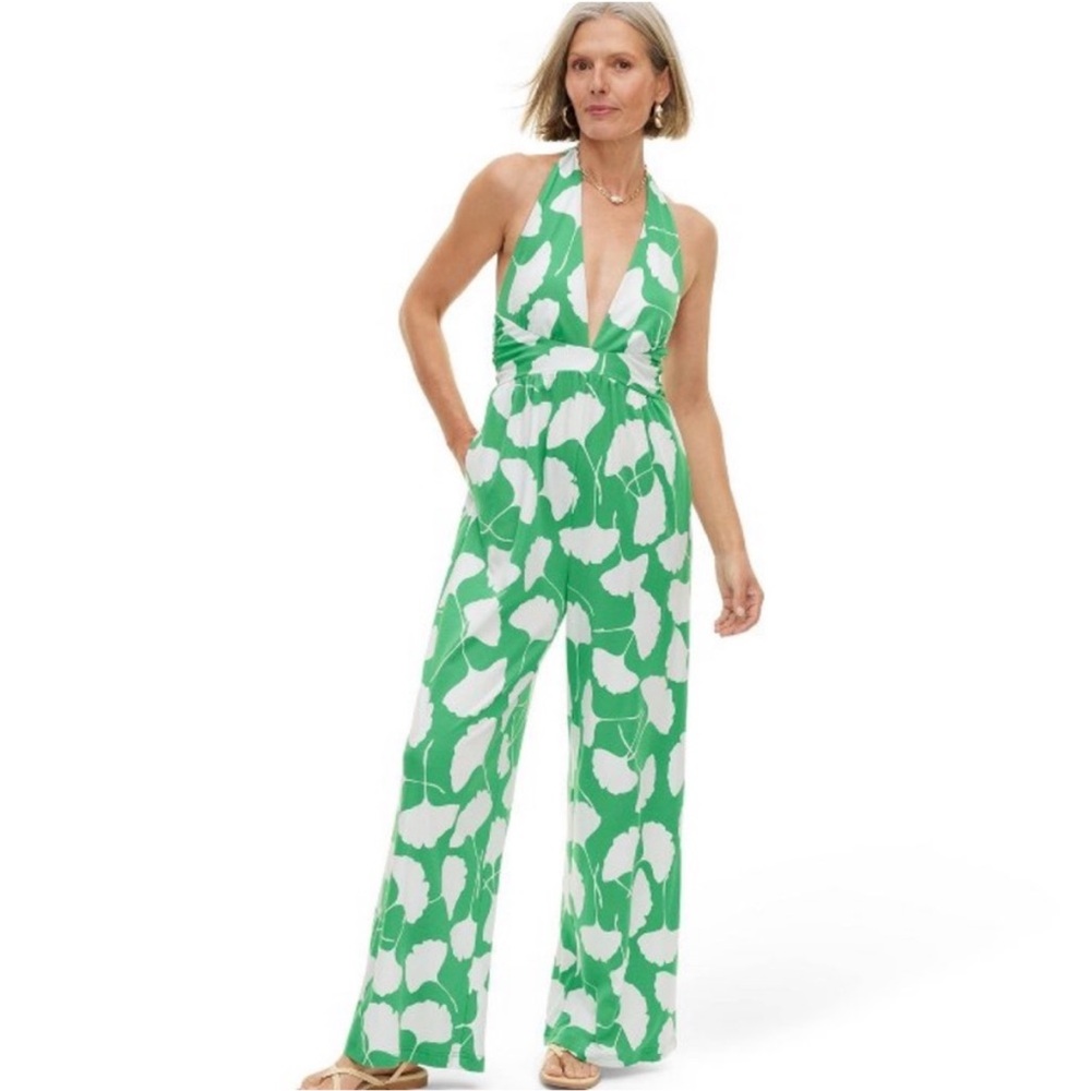 Diane Von Furstenberg Green and White Halter Jumpsuit